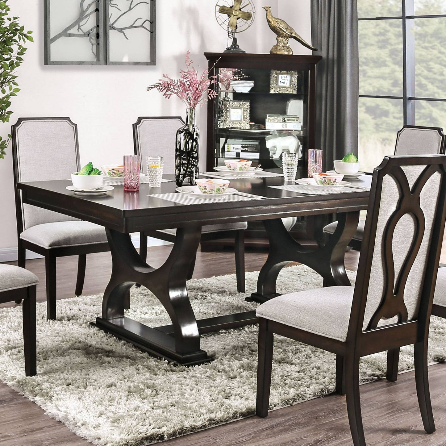 Furniture of America Helfor Mid-Century Modern Trestle Base Dining Table IDF-3734T