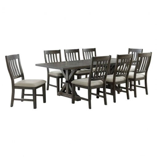 Sunset Trading Trestle 9 Piece Dining Set | 96" Rectangular Extendable Table | 8 Upholstered Side Chairs | Distressed Gray Wood | Seats 8 ED-SK100-170-9P