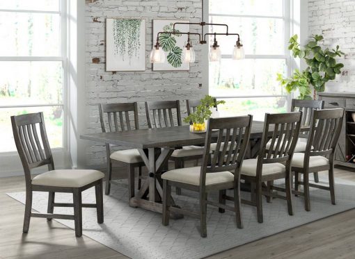 Sunset Trading Trestle 9 Piece Dining Set | 96" Rectangular Extendable Table | 8 Upholstered Side Chairs | Distressed Gray Wood | Seats 8 ED-SK100-170-9P