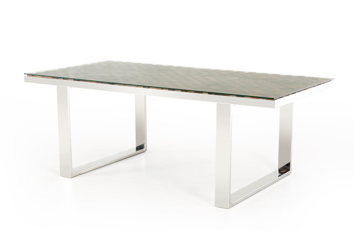 Homeroots 30" Wood Mosaic  Steel  and Glass Dining Table 283190