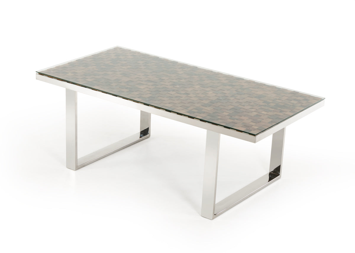 Homeroots 30" Wood Mosaic  Steel  and Glass Dining Table 283190