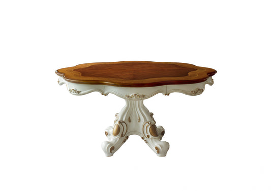 Homeroots 62" X 62" X 31" Antique Pearl Cherry Oak Wood Poly-Resin Dining Table with Single Pedestal 347324