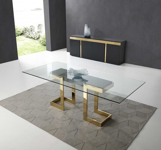 Homeroots 87 X 39 X 30 Polished Gold Glass Stainless Steel Dining Table 370725