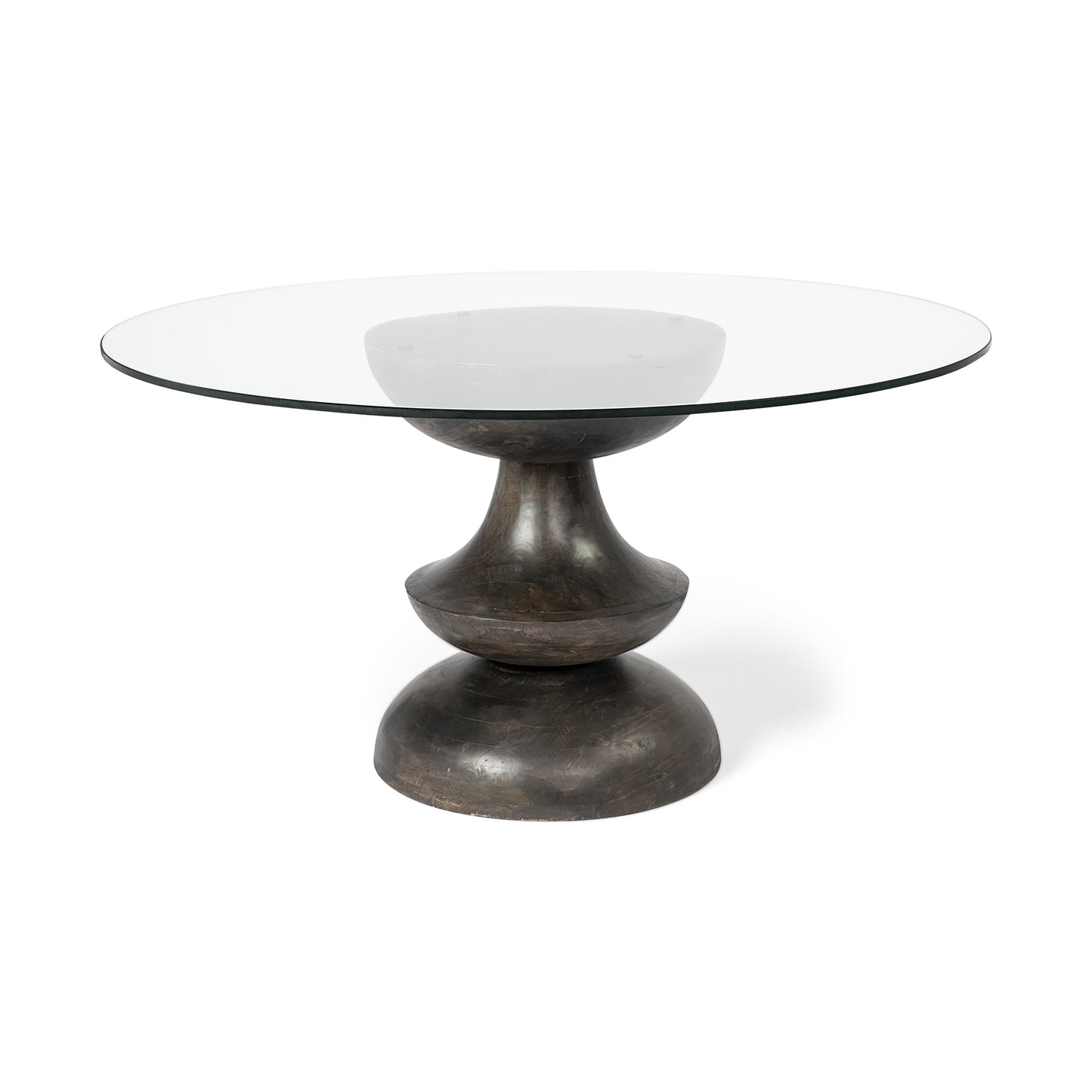 Homeroots 60" Round Glass Top Brown Wood with Pedestal Base Dining Table 380484