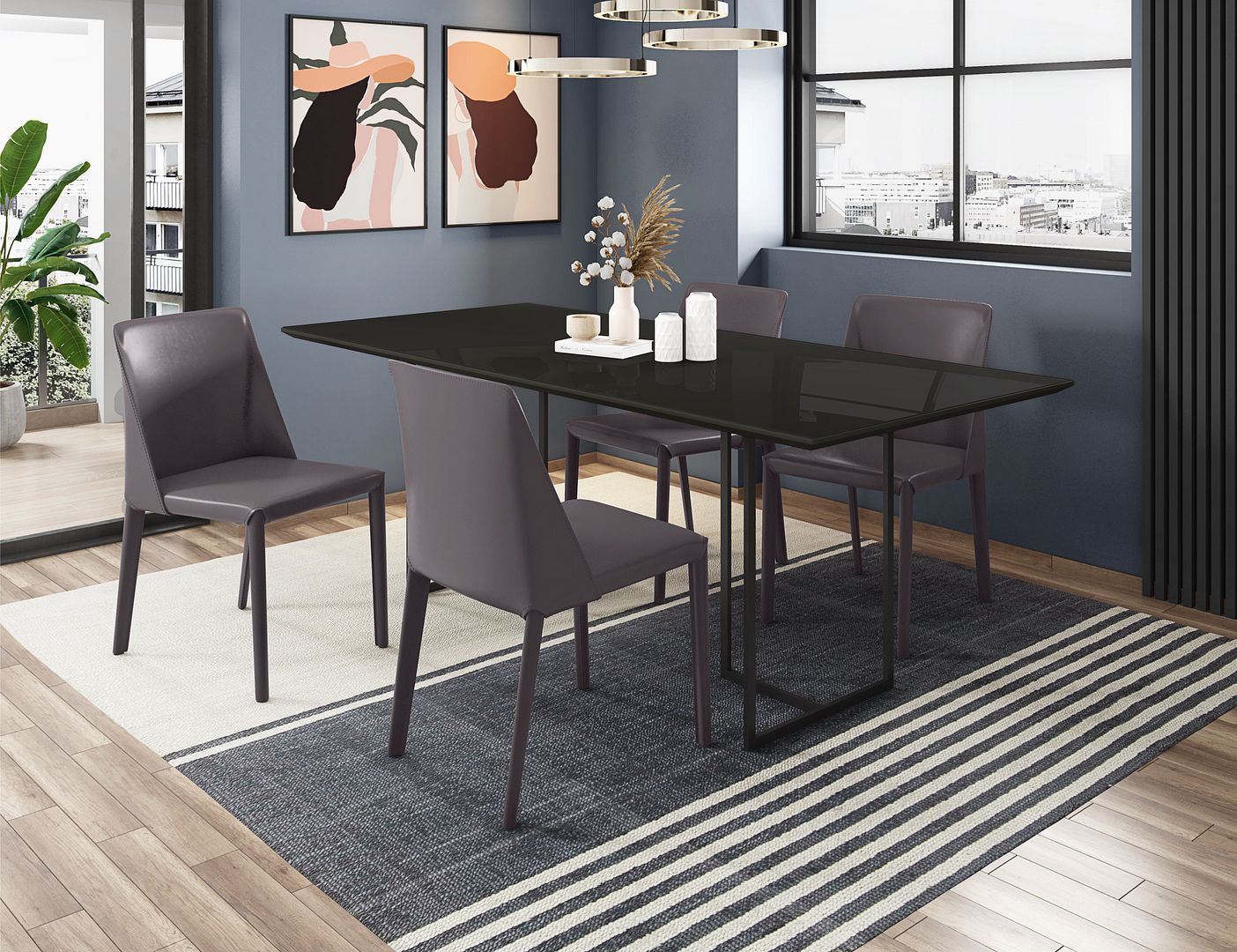 Manhattan Comfort Celine Dining Table with 4 Paris Faux Leather Chairs