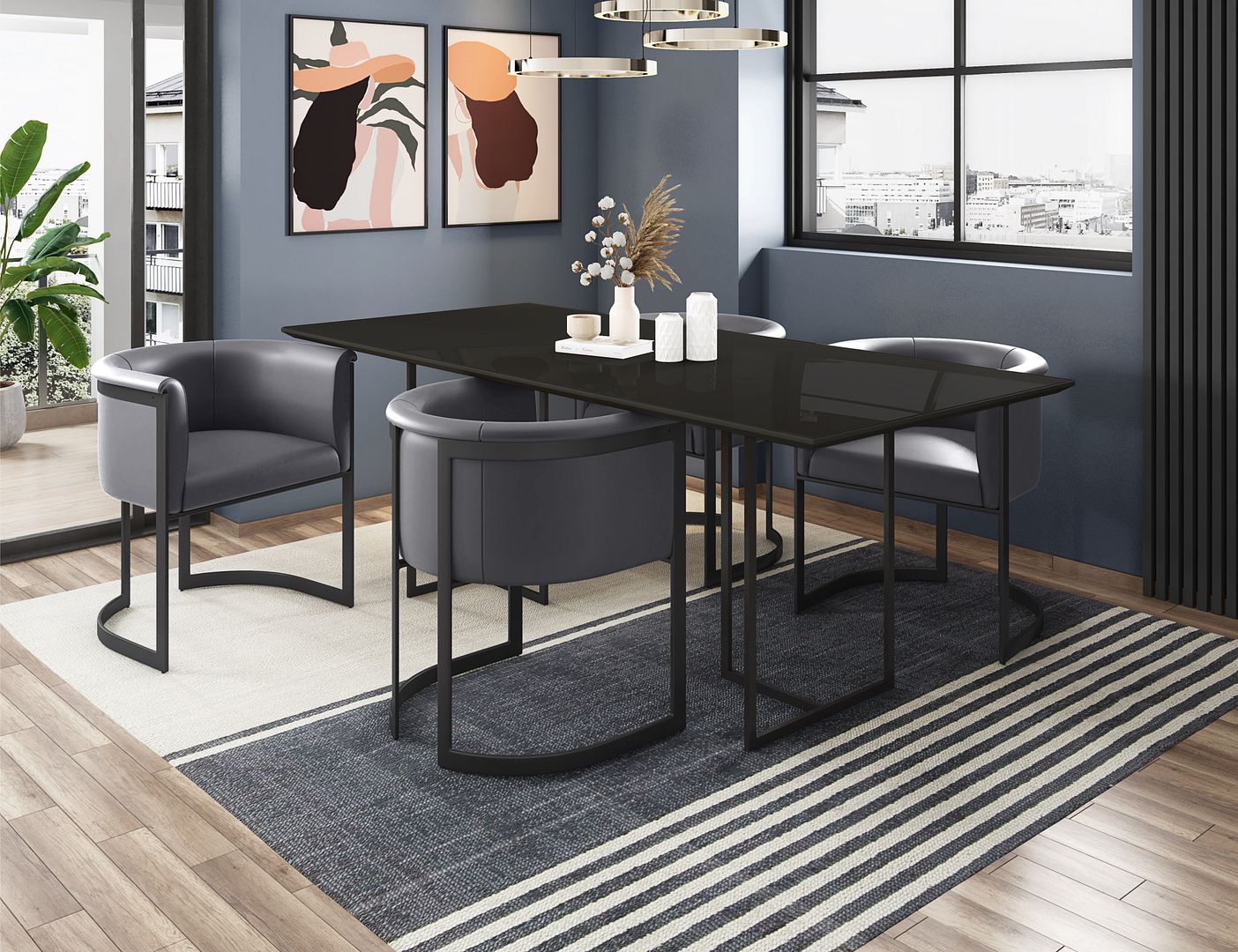 Manhattan Comfort Celine Dining Table with 4 Corso Faux Leather Chairs