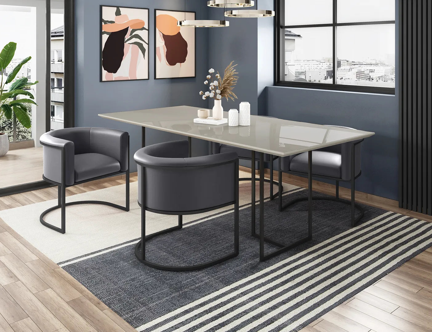 Manhattan Comfort Celine Dining Table with 4 Bali Faux Leather Chairs