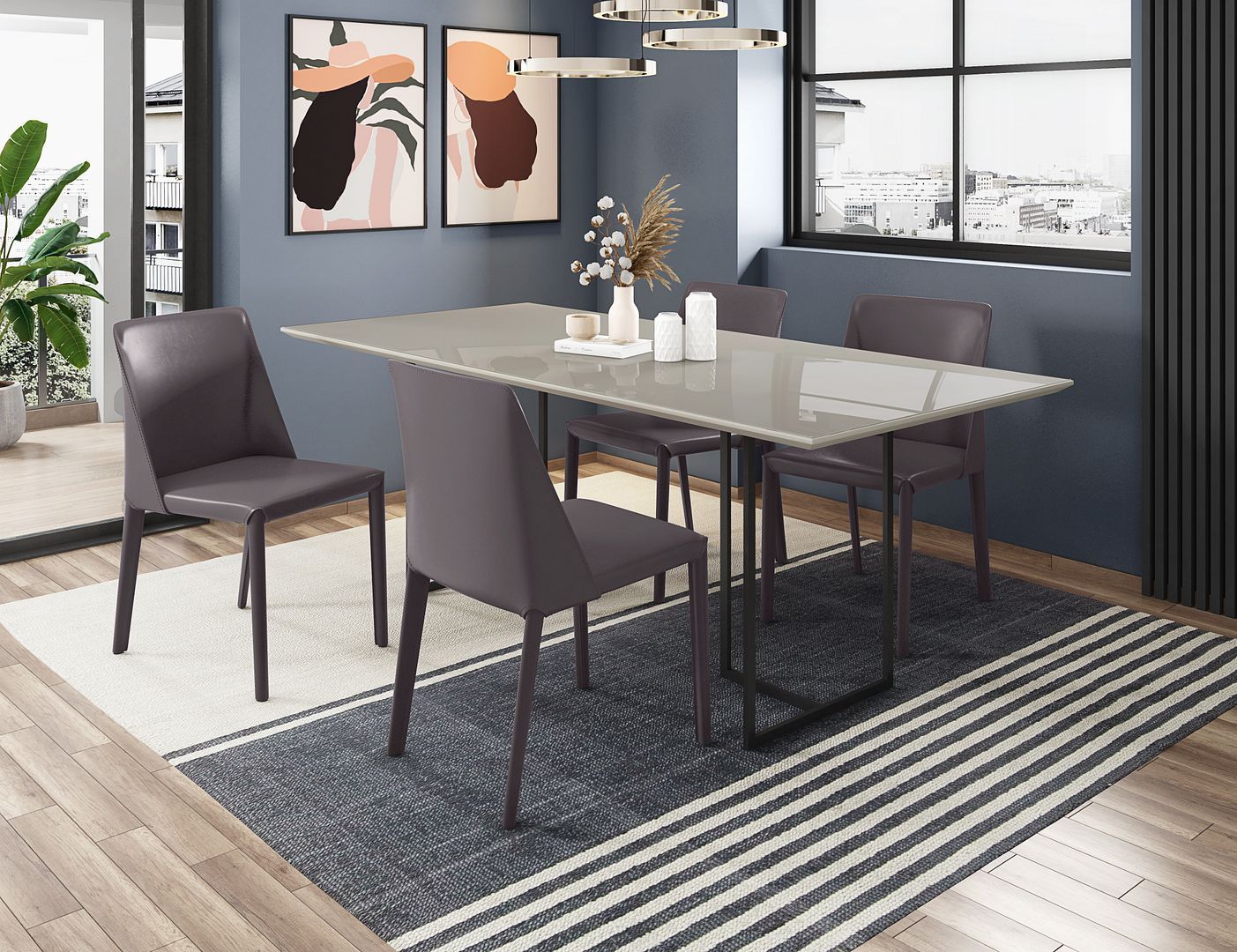 Manhattan Comfort Celine Dining Table with 4 Paris Faux Leather Chairs