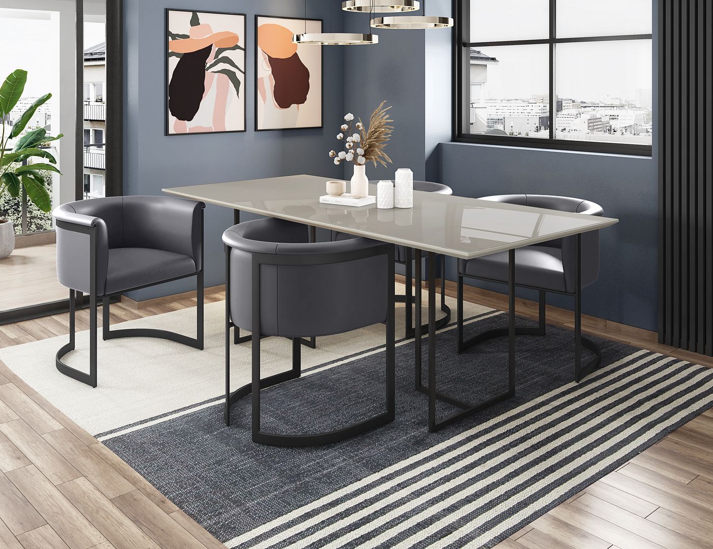 Manhattan Comfort Celine Dining Table with 4 Corso Faux Leather Chairs