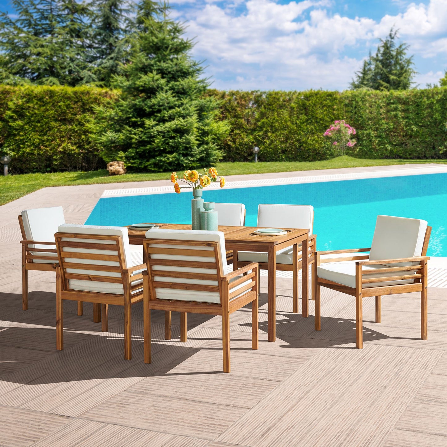 ALATERRE Okemo Acacia Wood Outdoor 7-Piece Outdoor Dining Set with Table and 6 Dining Chairs with Cushions ANOK012ANOB