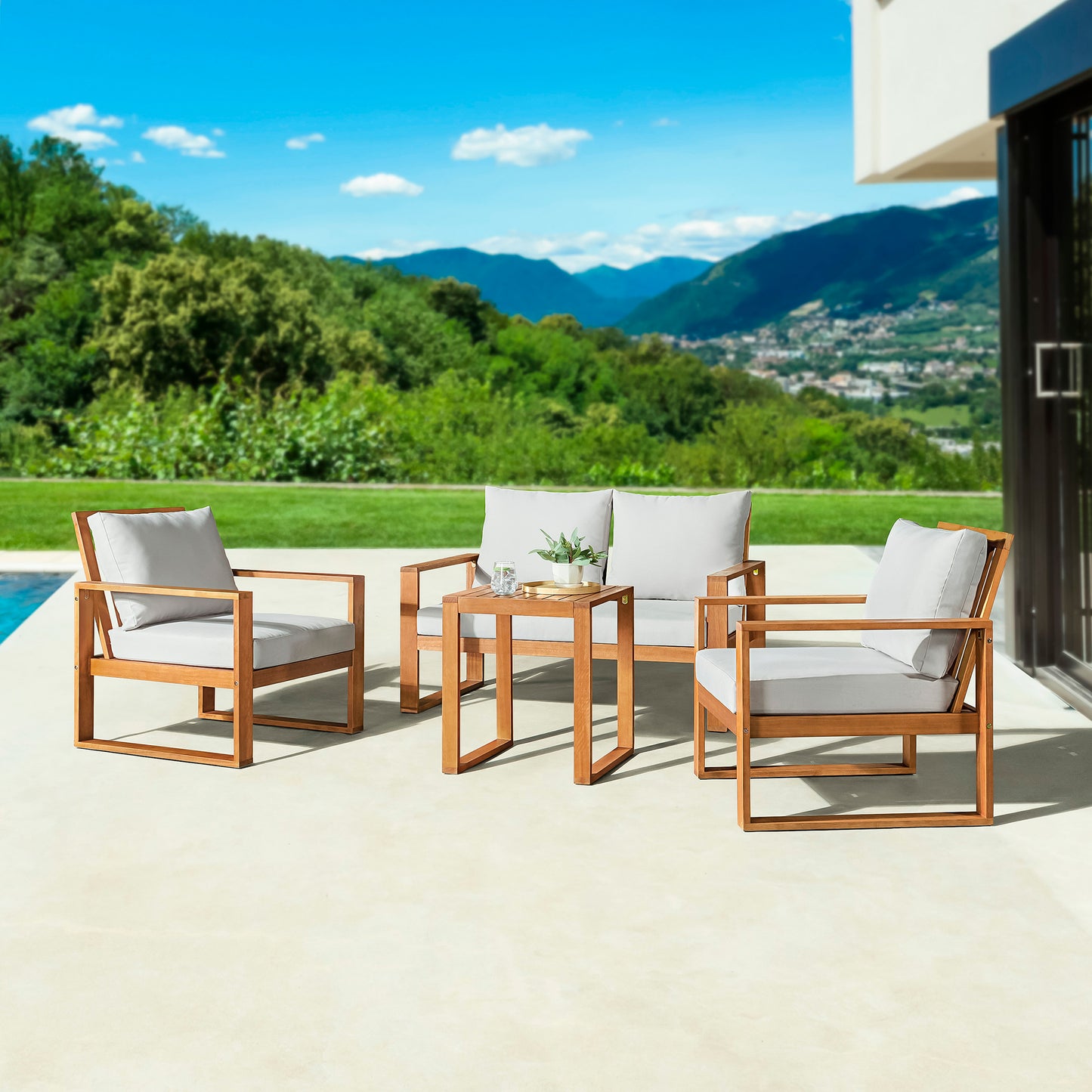 ALATERRE Grafton Eucalyptus Wood 4-Piece Set with Two Outdoor Chairs, 2-Seat Bench and Cocktail Table ANGT01125EBO