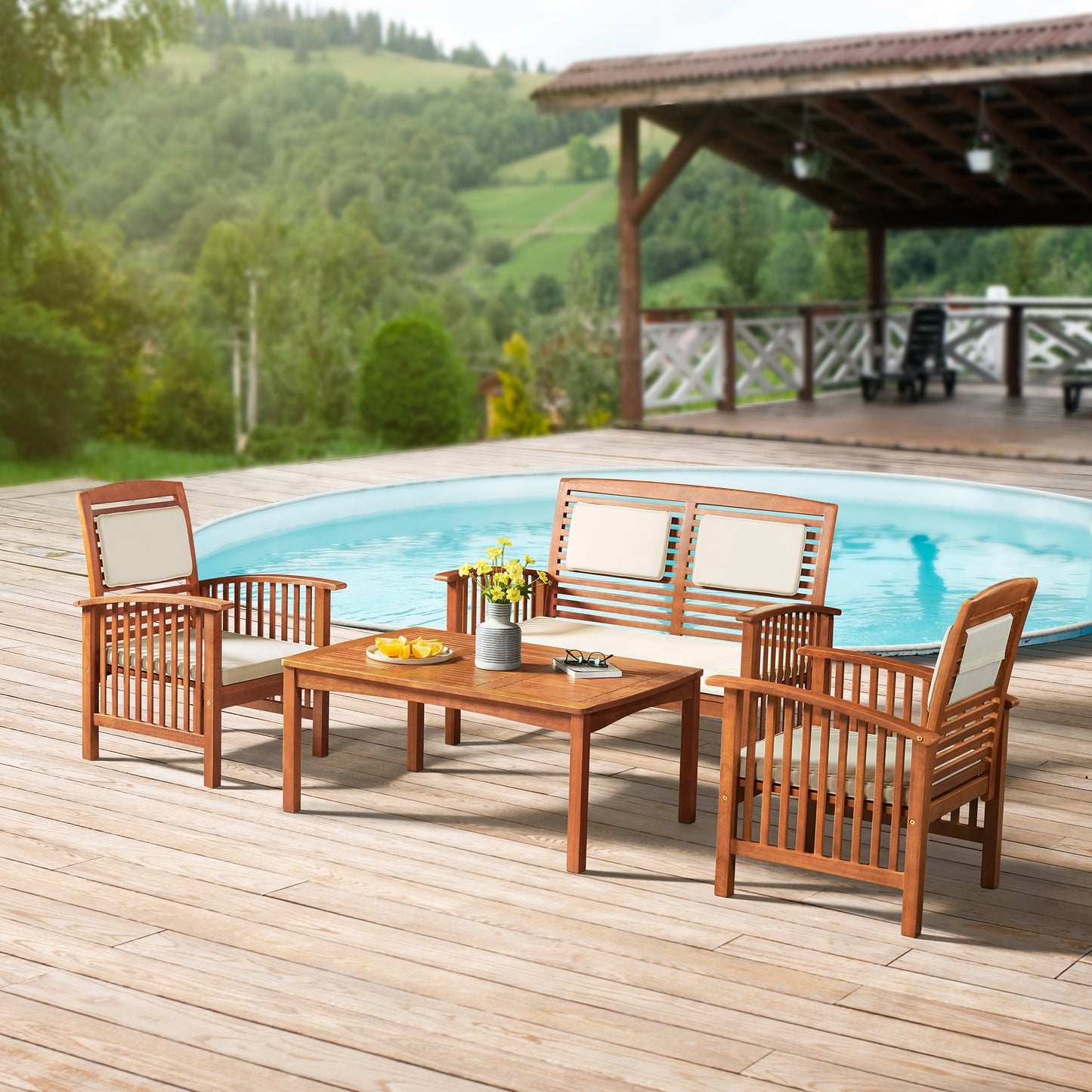 ALATERRE Lyndon Eucalyptus Wood Conversation Set with 2-Seat Bench, Set of 2 Chairs, and Cocktail Table ANLY0123EBO