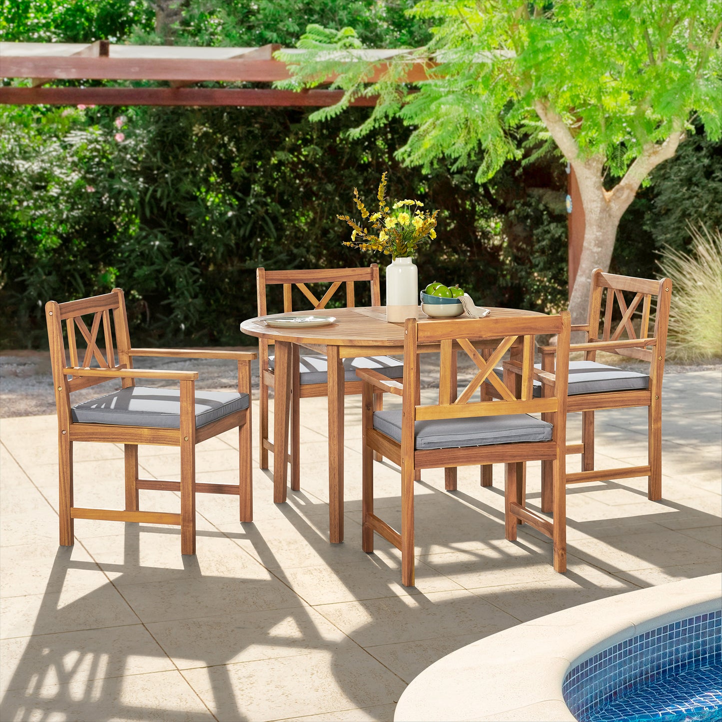 ALATERRE Manchester Acacia Wood Outdoor Dining Set with Round Dining Table and 4 Dining Chair with Cushions, Set of 5 ANMC0445ANO