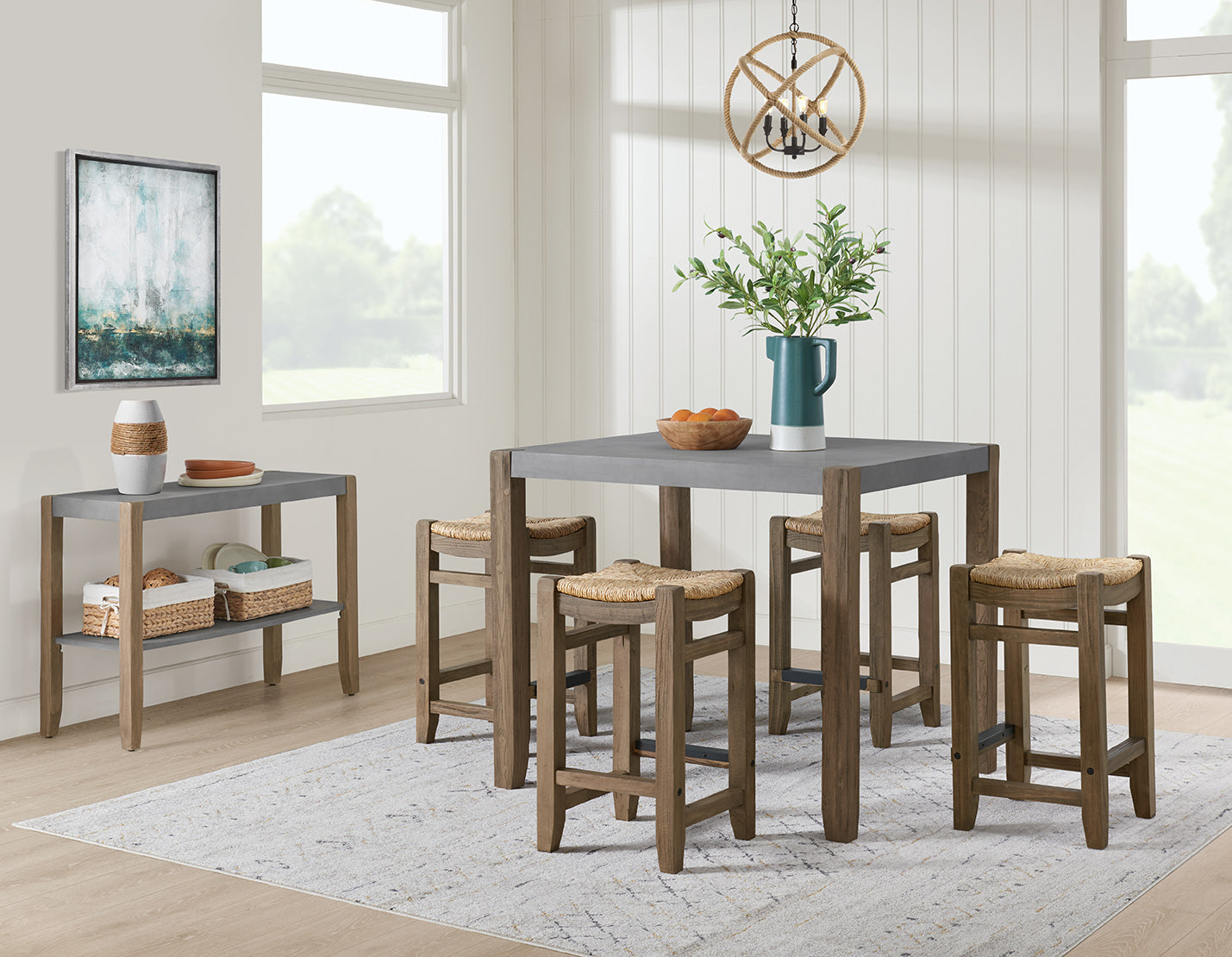 ALATERRE Newport 6-Piece Dining Set with 36"H Wood Counter-Height Dining Table, Four 26"H Stools and Side Buffet Table ANNP14192171