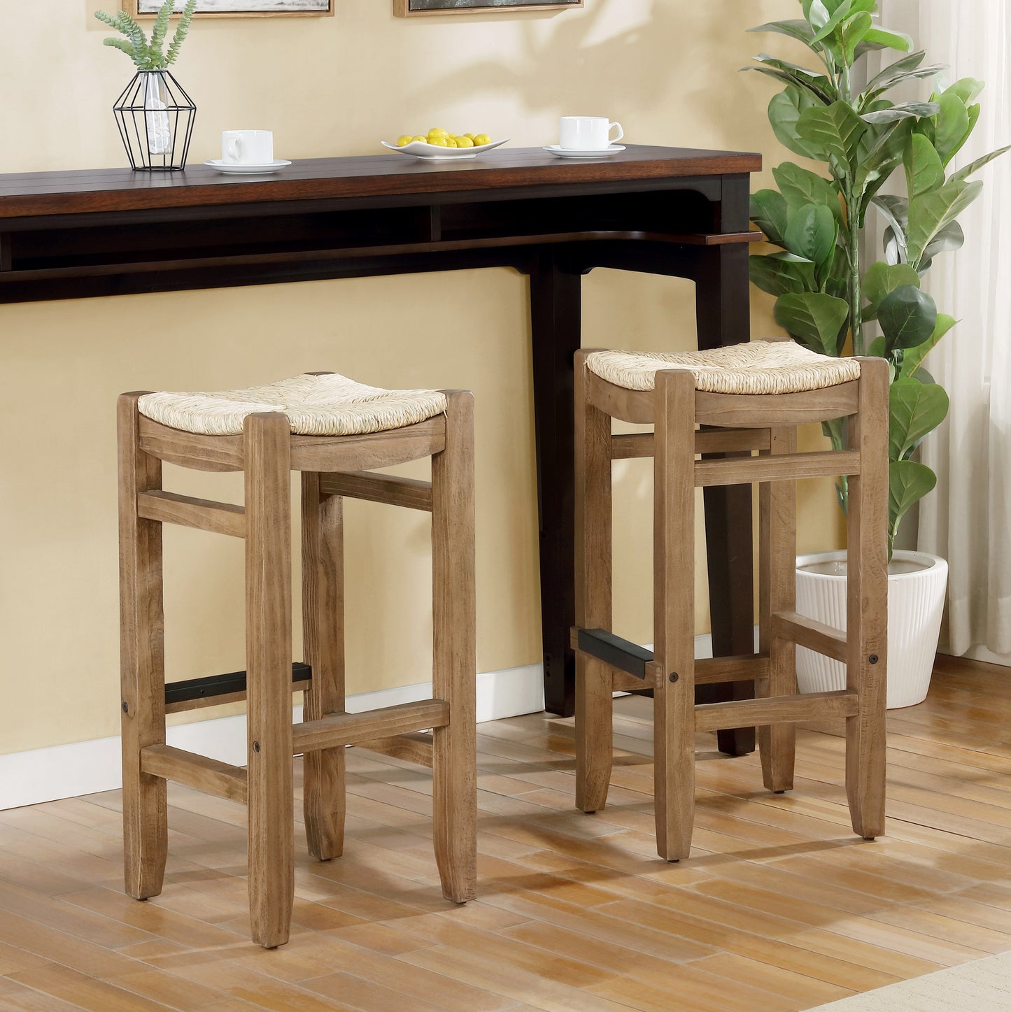 ALATERRE Newport Set of Two 30"H Wood Bar Stools with Rush Seats ANNP222271