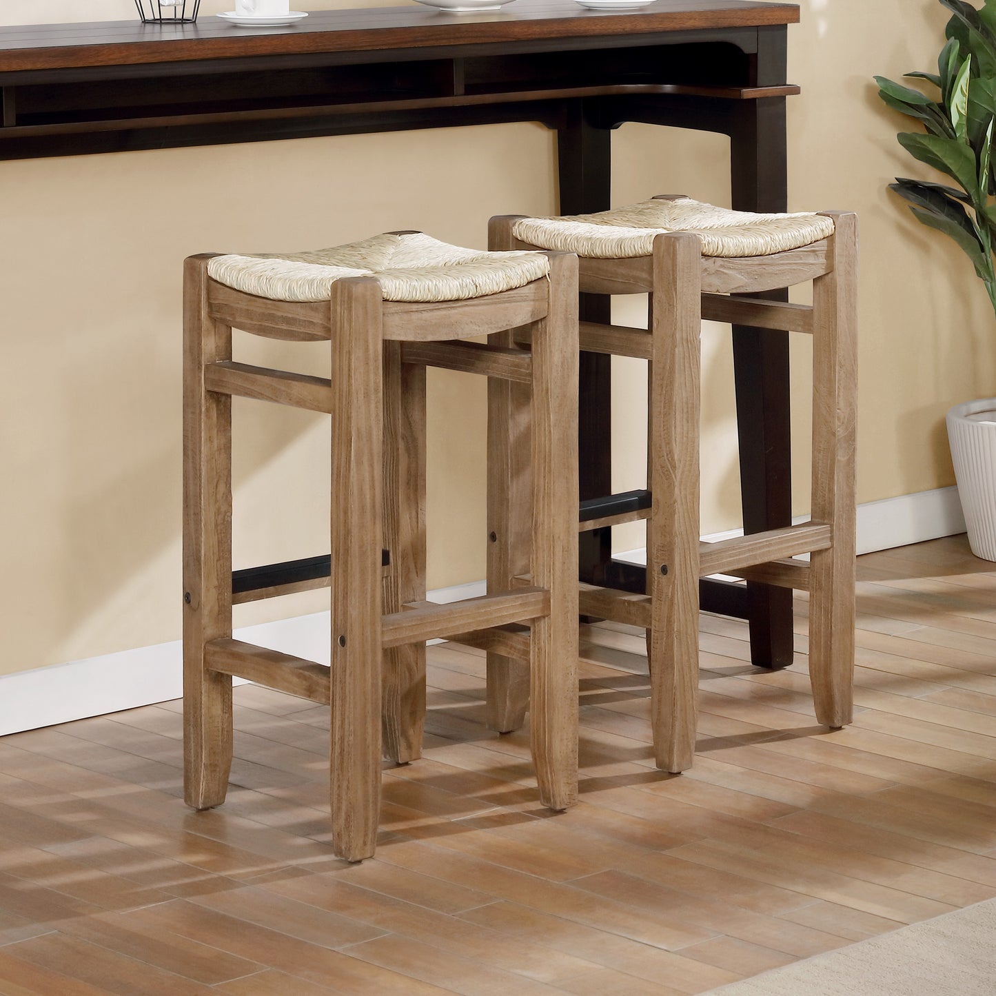 ALATERRE Newport Set of Two 30"H Wood Bar Stools with Rush Seats ANNP222271