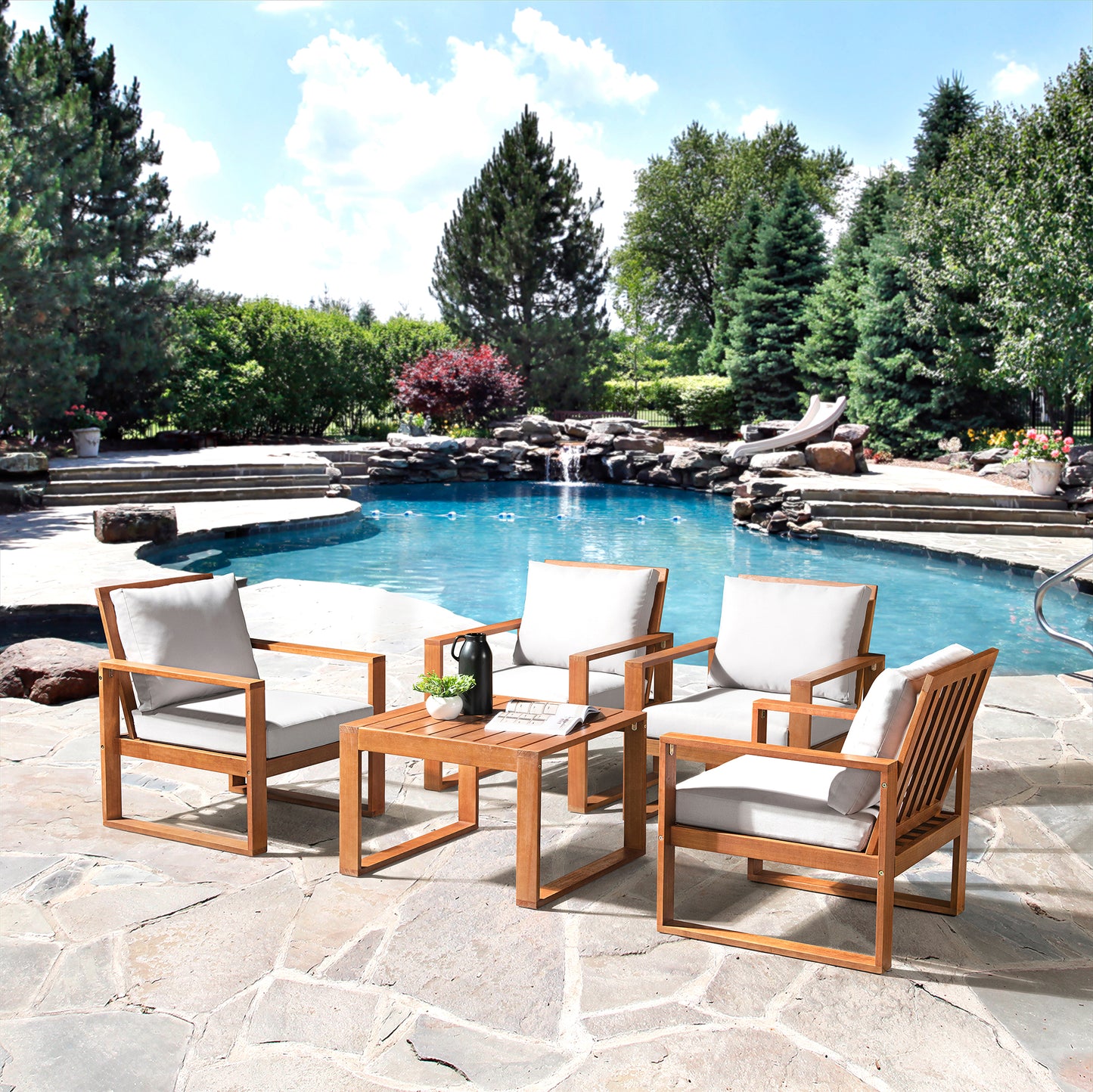 ALATERRE Weston Eucalyptus Wood 5-Piece Set with Set of 4 Outdoor Chairs and Cocktail Table ANWT11112EBO