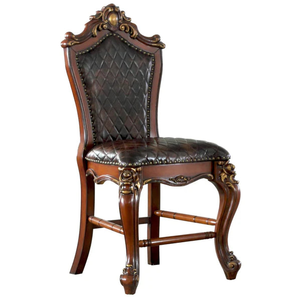 Benzara Leatherette Padded Counter Height Chair with Carvings, Set of 2, Brown BM225948