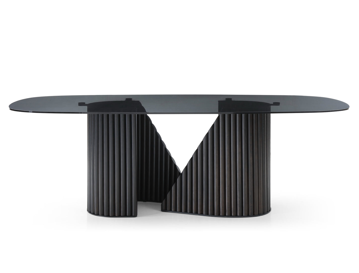 Whiteline Kaya Dining Table, Glass Top, Ribbed Base in Matt Dark Grey with Black Powder-Coated Bottom Ring DT1843-DGRY