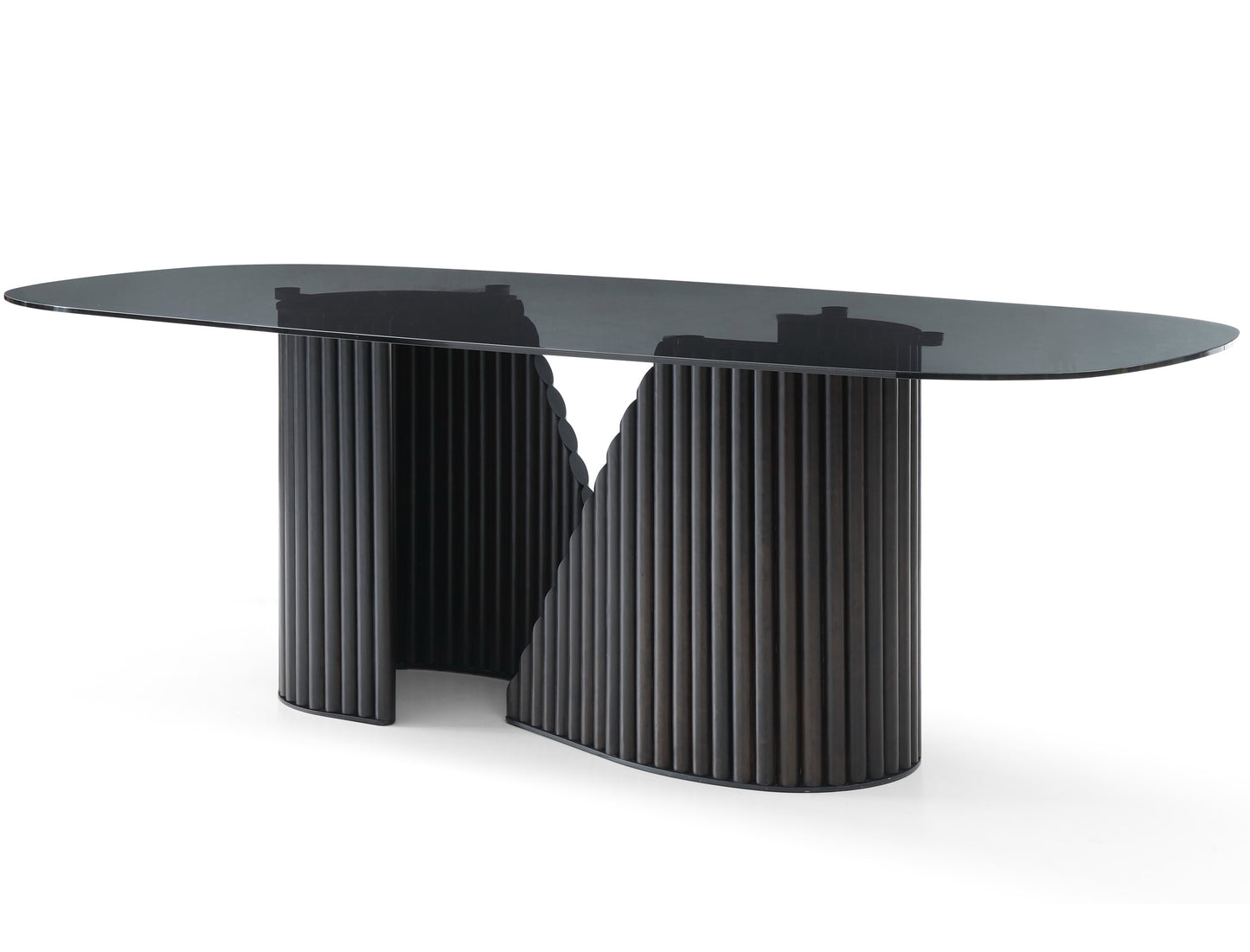 Whiteline Kaya Dining Table, Glass Top, Ribbed Base in Matt Dark Grey with Black Powder-Coated Bottom Ring DT1843-DGRY