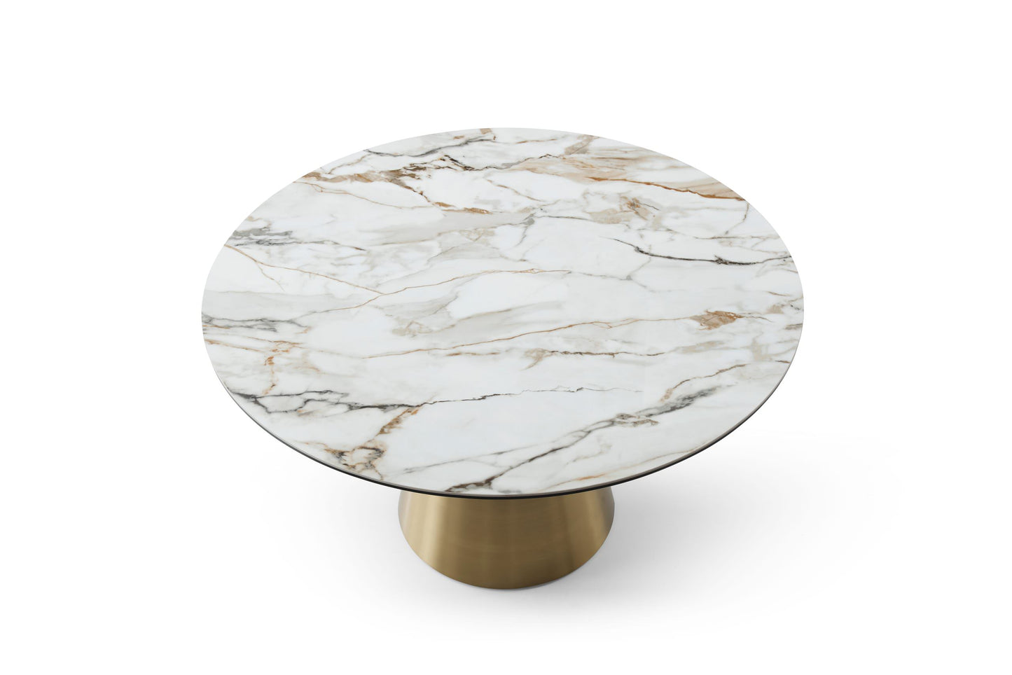 Whiteline Charlotte Round Dining Table, 8mm Glass+ 6mm Ceramic White Top, Gold Stainless Steel Base DT1831-WHT