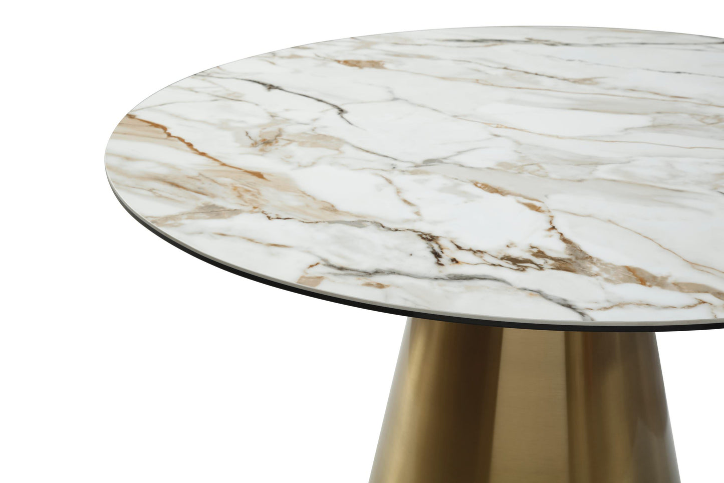 Whiteline Charlotte Round Dining Table, 8mm Glass+ 6mm Ceramic White Top, Gold Stainless Steel Base DT1831-WHT