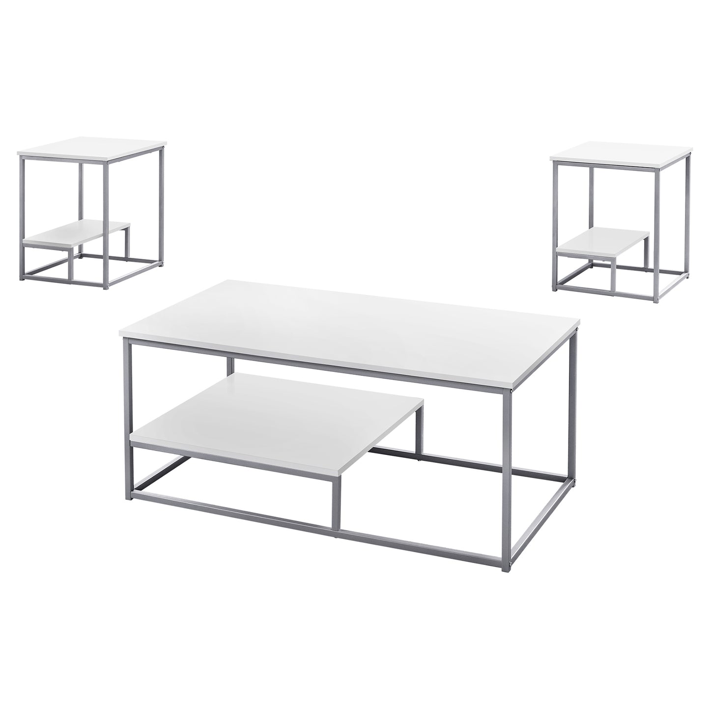 Monarch Specialty Table Set, 3pcs Set, Coffee, End, Side, Accent, Living Room, Metal, Laminate, White, Grey, Contemporary, Modern I 7961P