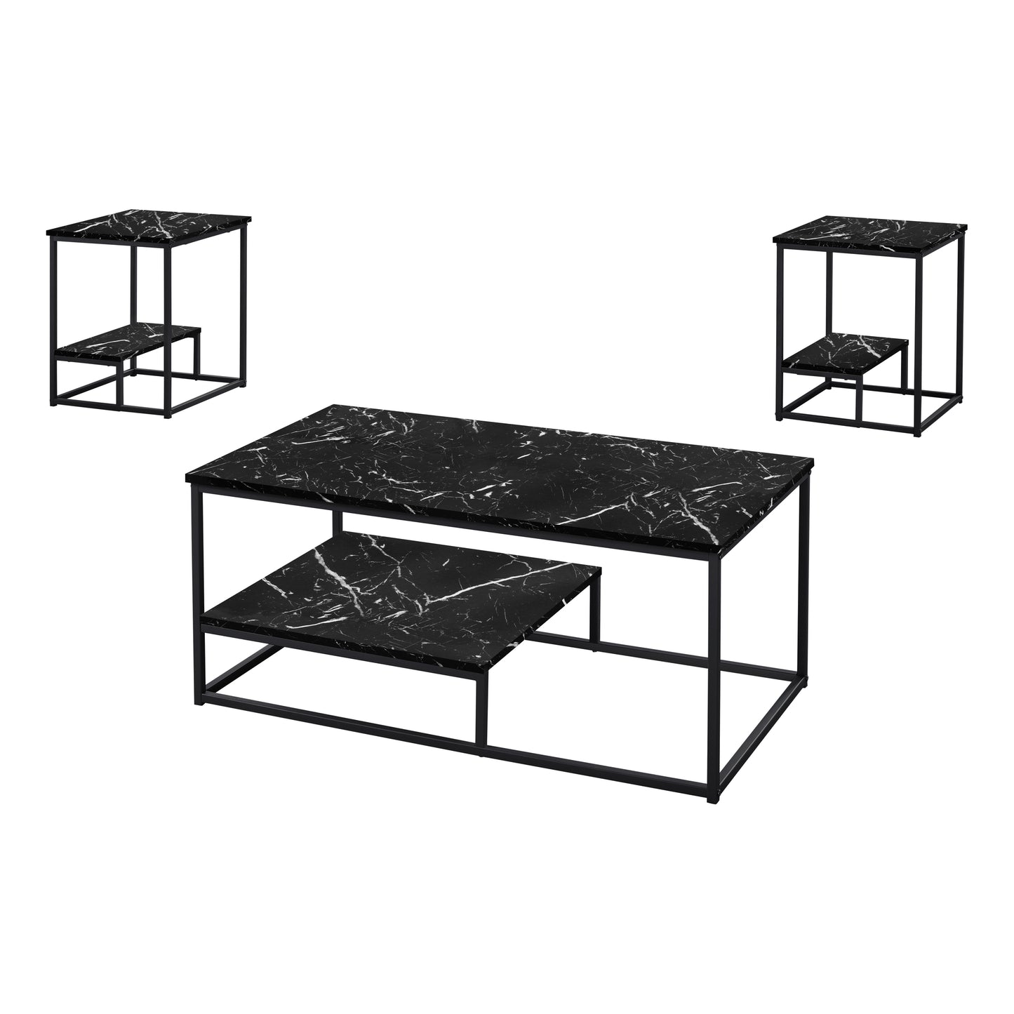 Monarch Specialty Table Set, 3pcs Set, Coffee, Black/White Marble Look, Contemporary, Modern