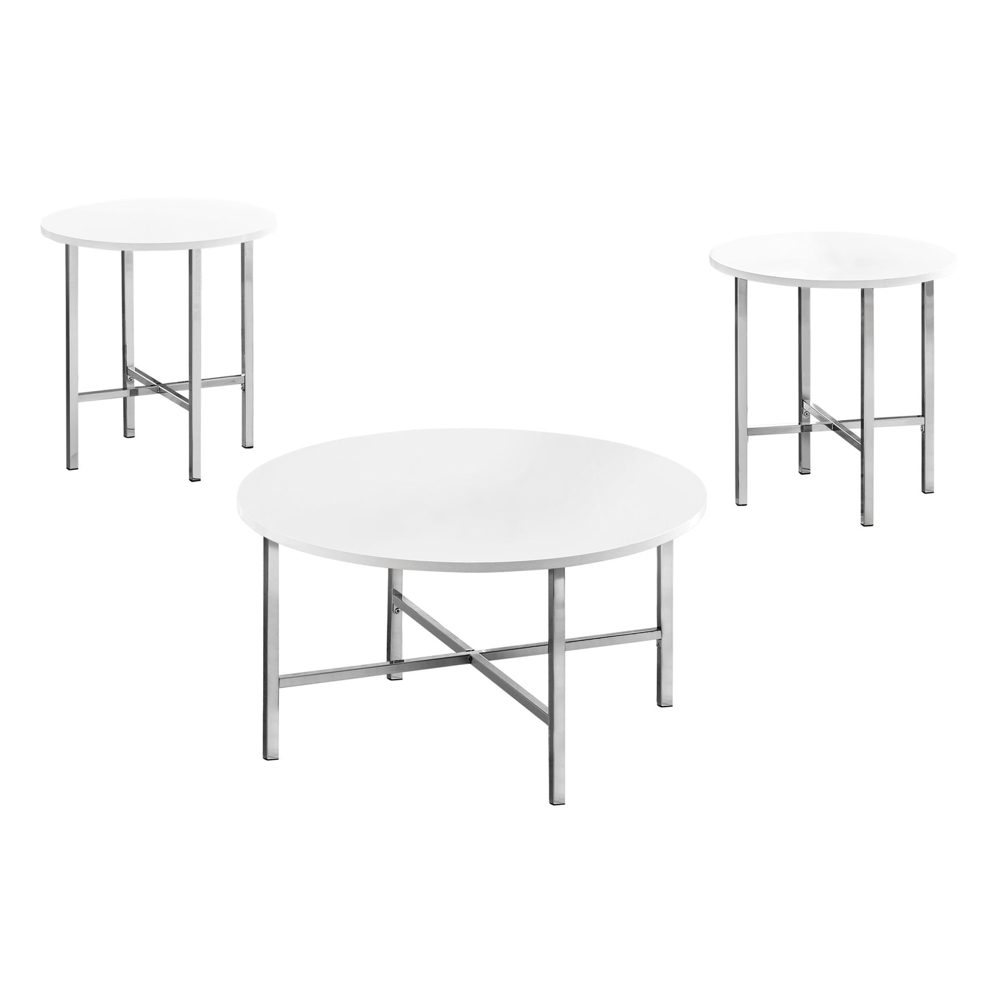 Monarch Specialty Table Set, 3pcs Set, Coffee Glossy White, Chrome, Contemporary, Modern I 7965P