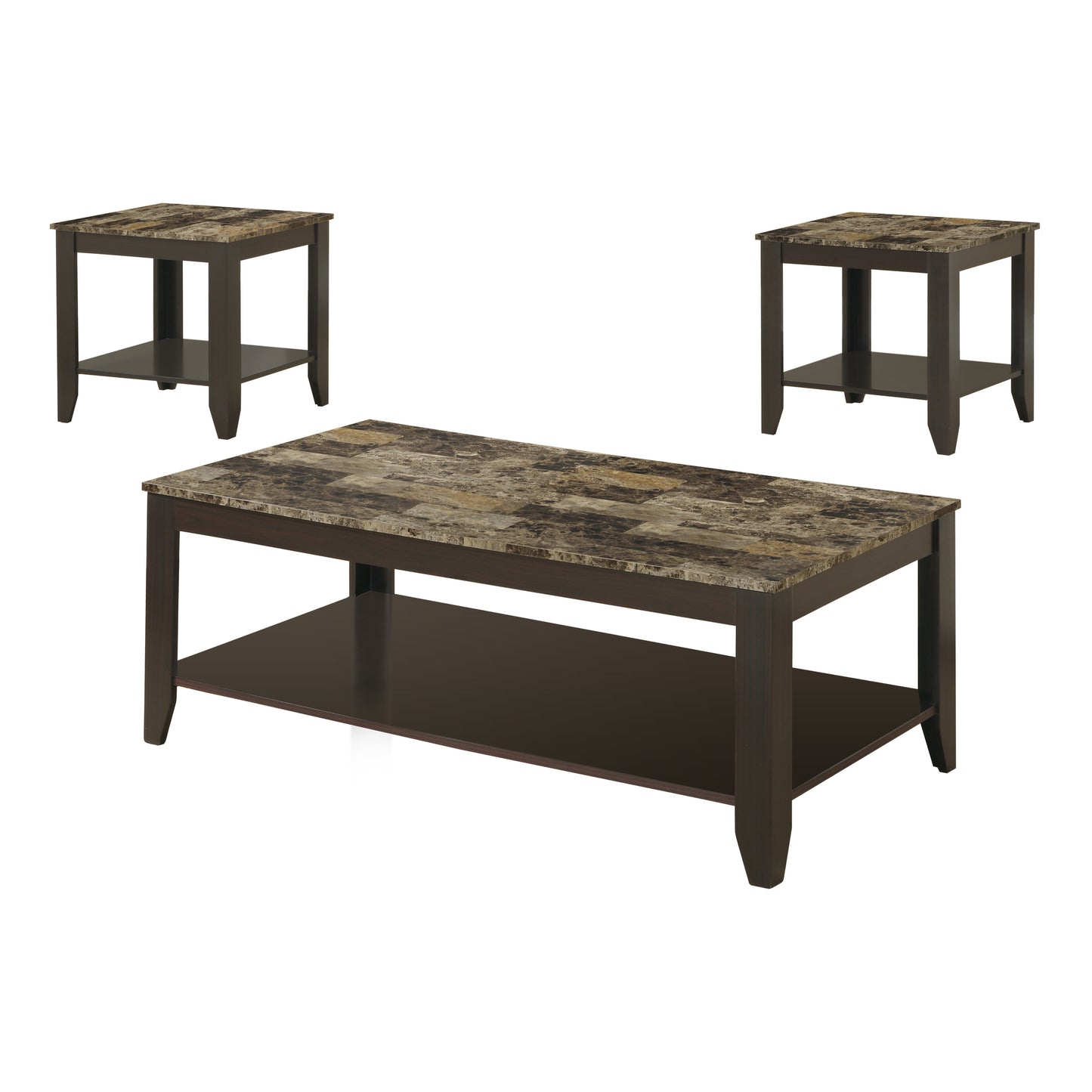 Monarch Specialty Table Set, 3pcs Set, Coffee, End, Side, Brown Marble Look, Transitional I 7984P