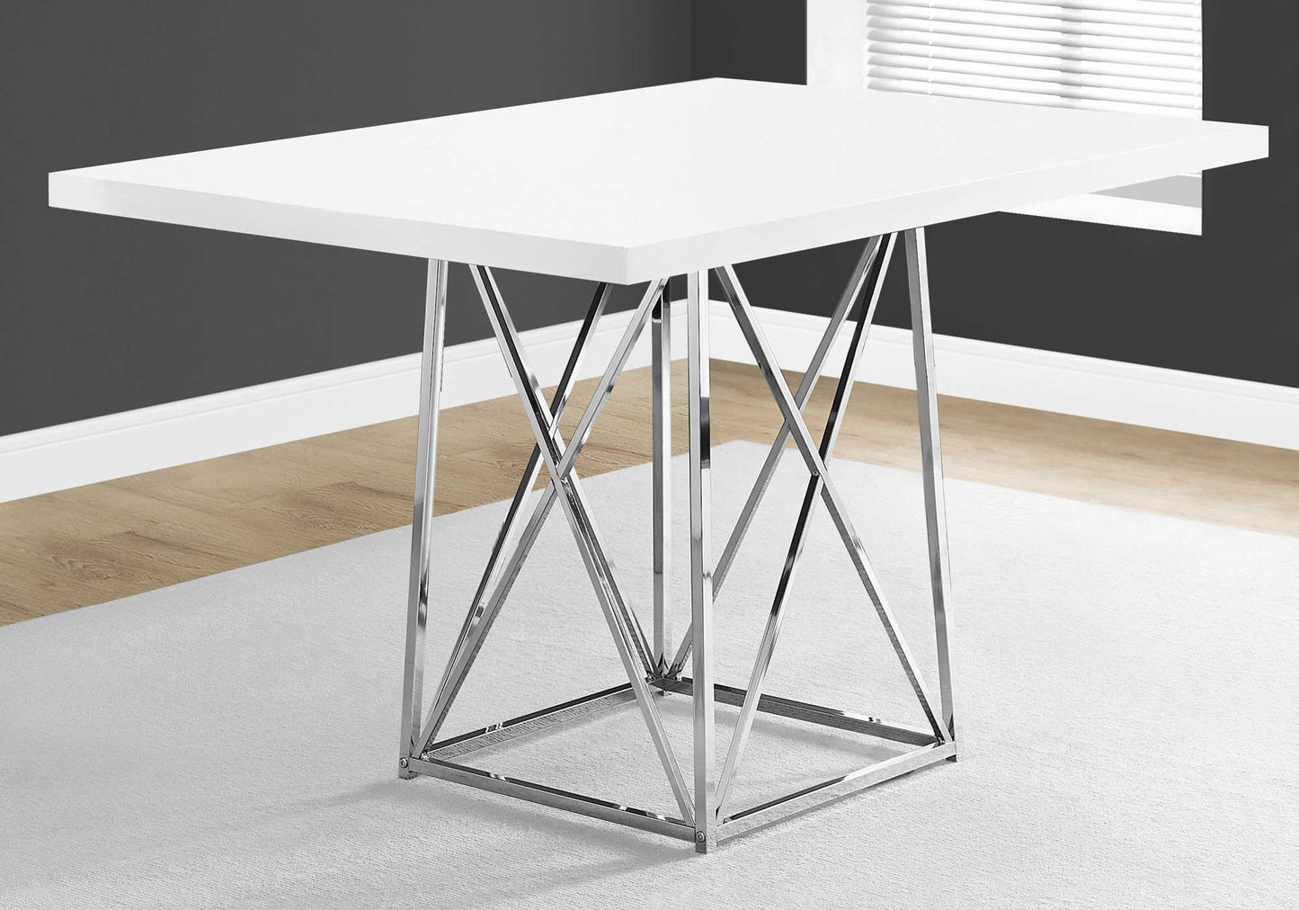 Monarch Specialty Dining Table, 48" Rectangular, Glossy White, Chrome, Contemporary, Modern I 1046