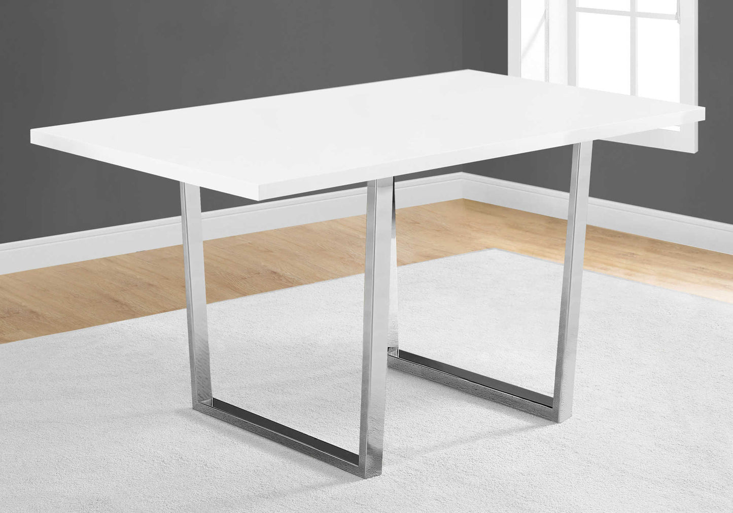 Monarch Specialty Dining Table, 60" Rectangular, Glossy White, Chrome, Contemporary, Modern I 1118