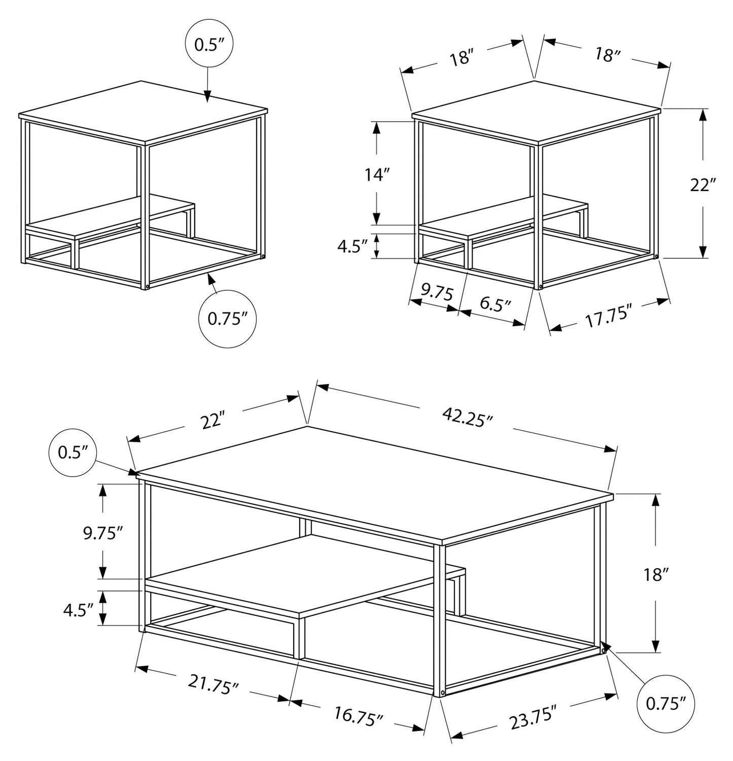 Monarch Specialty Table Set, 3pcs Set, Coffee, End, Side, Contemporary, Modern I 7960P