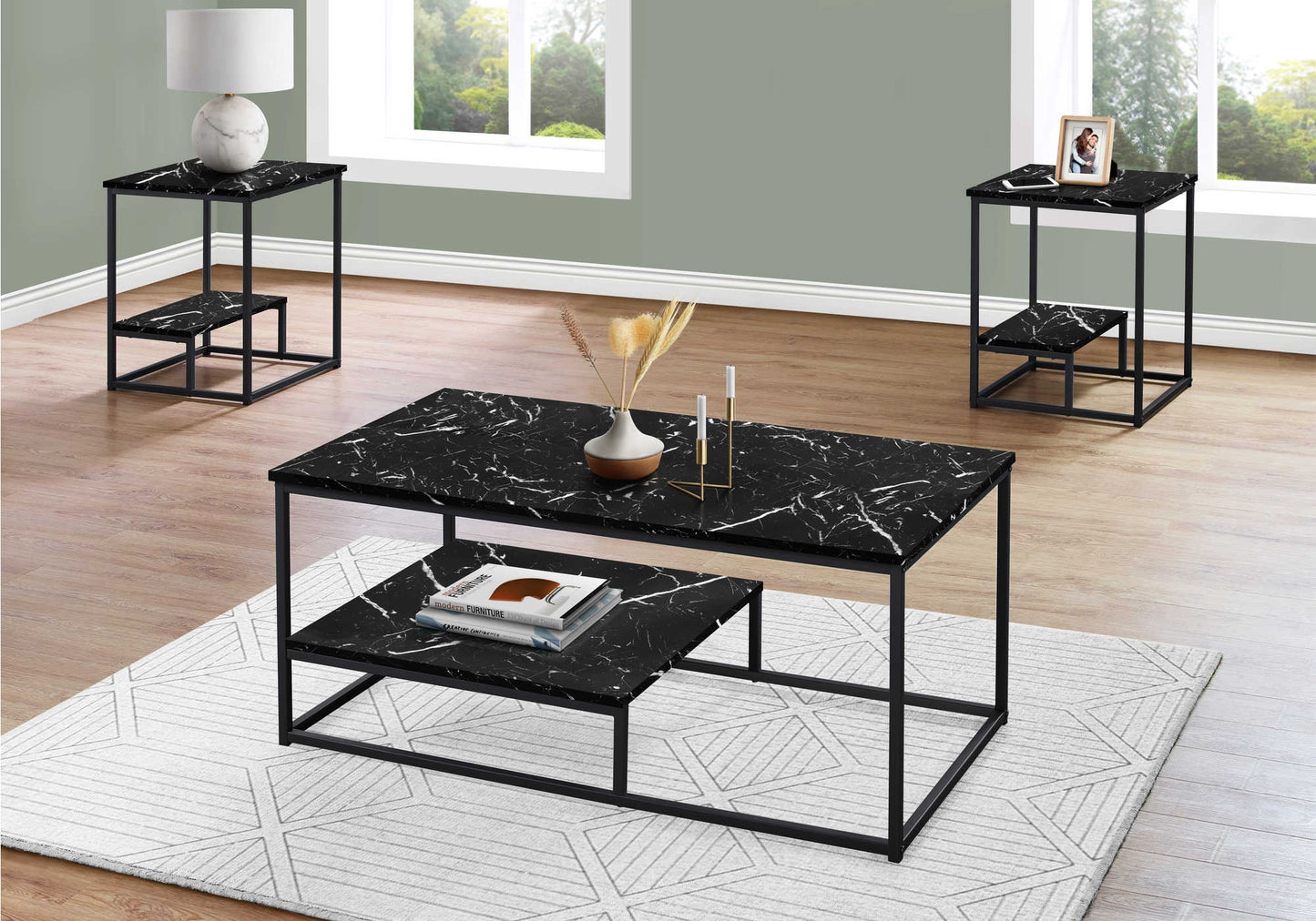 Monarch Specialty Table Set, 3pcs Set, Coffee, Black/White Marble Look, Contemporary, Modern