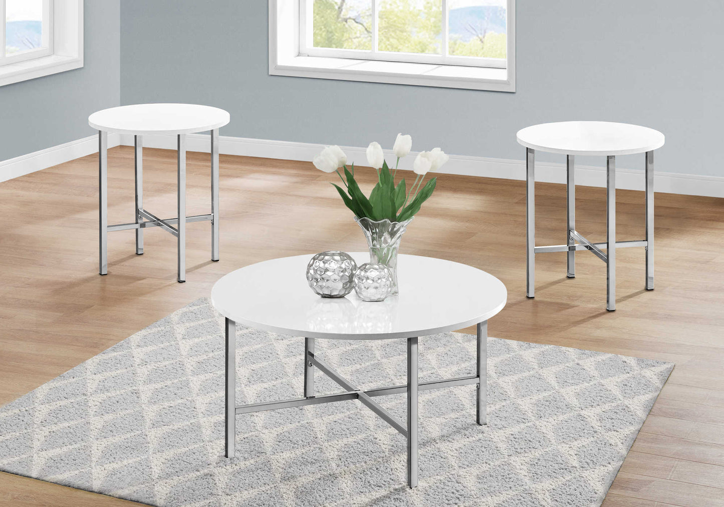 Monarch Specialty Table Set, 3pcs Set, Coffee Glossy White, Chrome, Contemporary, Modern I 7965P