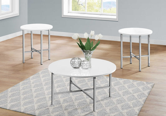 Monarch Specialty Table Set, 3pcs Set, Coffee Glossy White, Chrome, Contemporary, Modern I 7965P