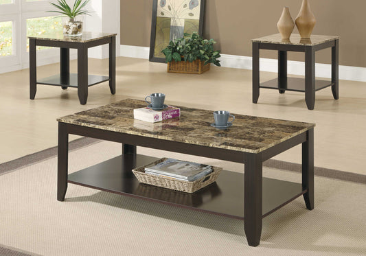 Monarch Specialty Table Set, 3pcs Set, Coffee, End, Side, Brown Marble Look, Transitional I 7984P