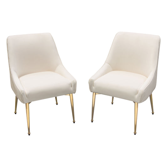 Set of (2) Quinn Dining Chairs w/ Vertical Outside Pleat Detail and Contoured Arm in Velvet w/ Brushed Gold Metal Leg by Diamond Sofa