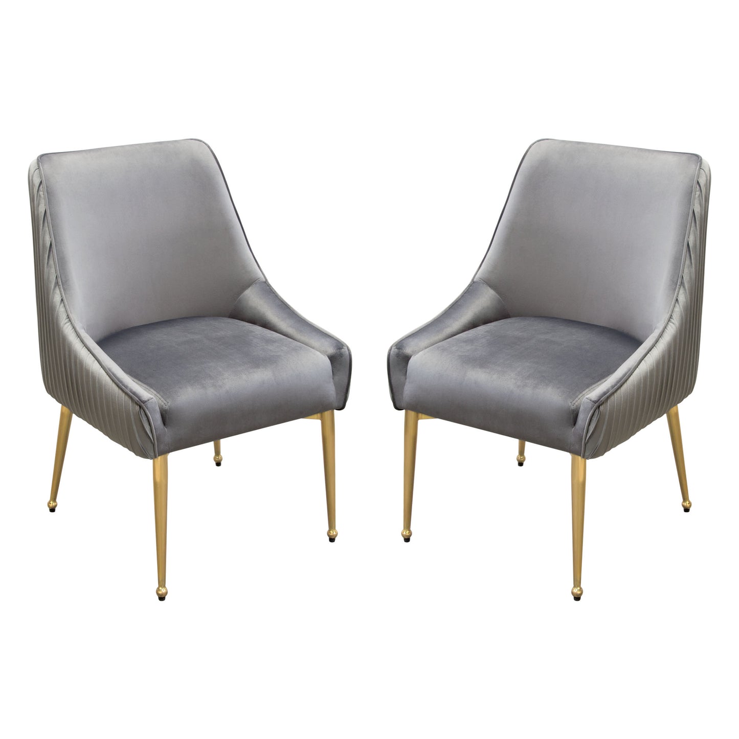 Set of (2) Quinn Dining Chairs w/ Vertical Outside Pleat Detail and Contoured Arm in Velvet w/ Brushed Gold Metal Leg by Diamond Sofa