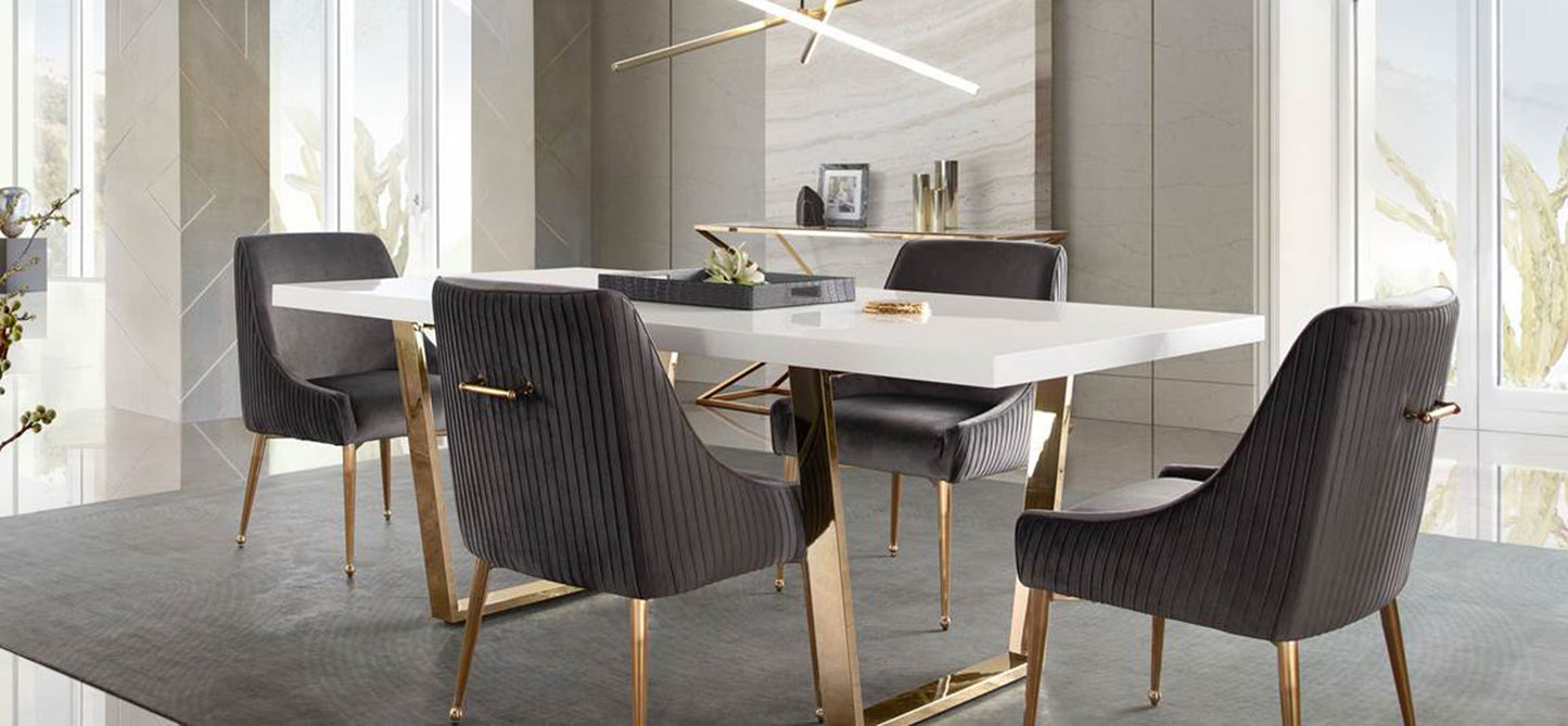 Set of (2) Quinn Dining Chairs w/ Vertical Outside Pleat Detail and Contoured Arm in Velvet w/ Brushed Gold Metal Leg by Diamond Sofa