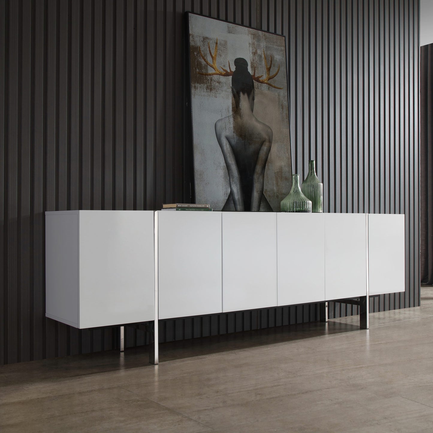 Whiteline Struttura Buffet Large, high gloss white, adjustable shelves, polished stainless steel legs SB1249L-WHT