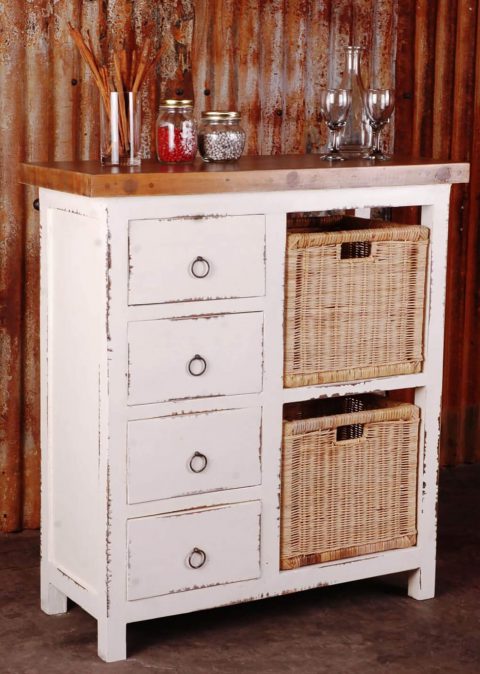 Sunset Trading Cottage Basket Cabinet | Distressed White/Savage Brown Solid Wood | Fully Assembled Sideboard CC-CAB2228TLD-WWSV-B