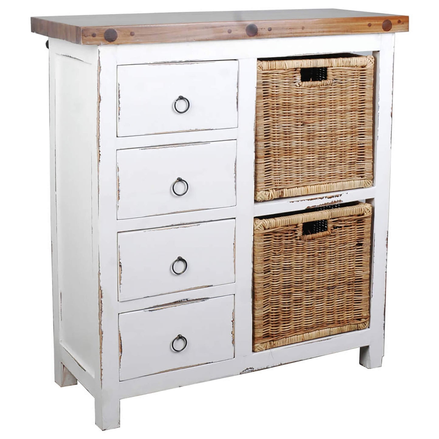 Sunset Trading Cottage Basket Cabinet | Distressed White/Savage Brown Solid Wood | Fully Assembled Sideboard CC-CAB2228TLD-WWSV-B