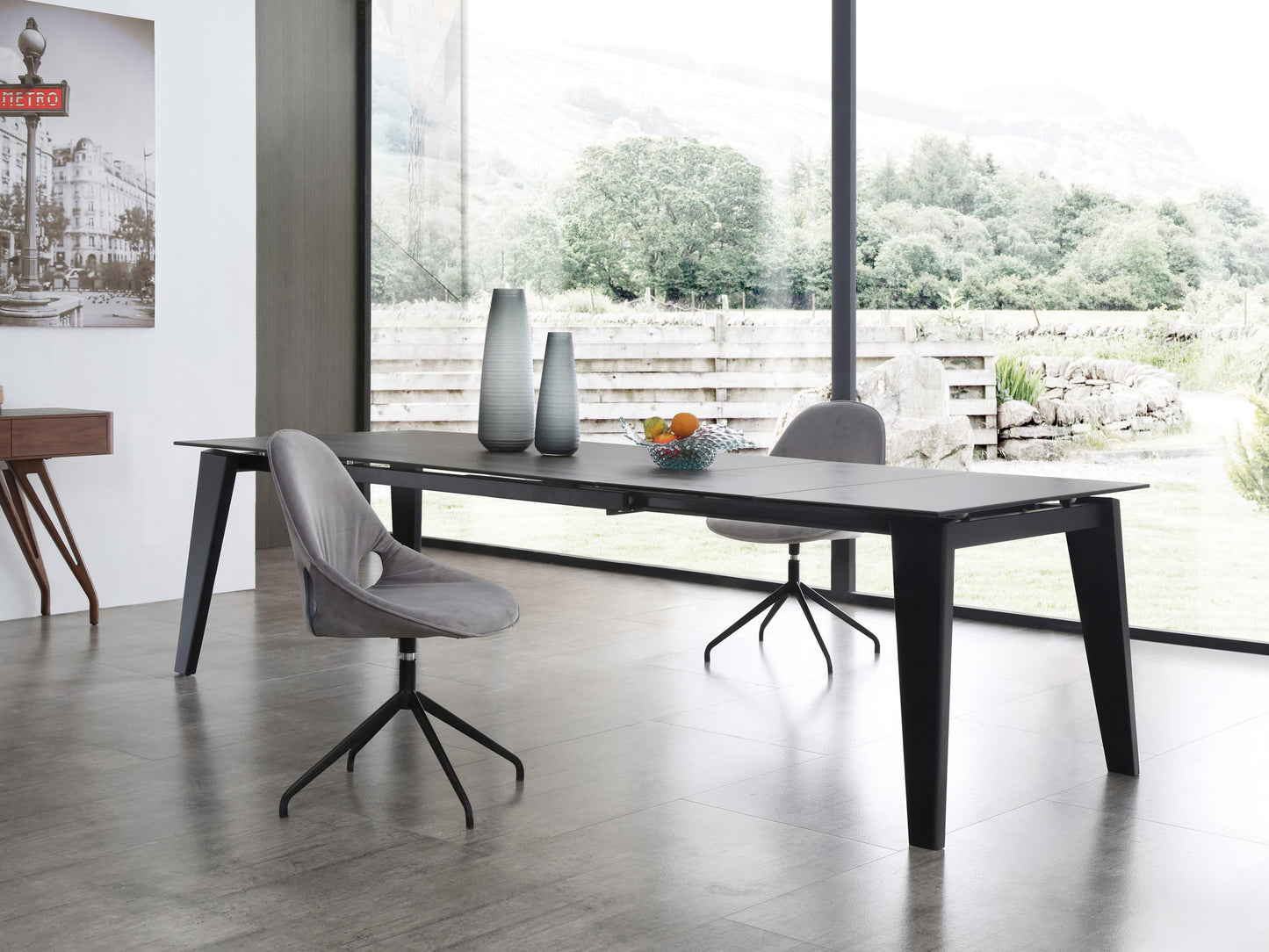 Whiteline Theo Extendable Dining Table, 6mm glass + 3mm ceramic top, birch wood legs in black DT1718-BLK