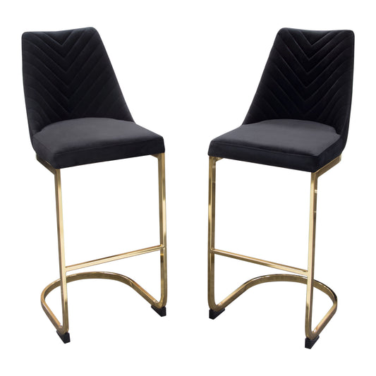 Vogue Set of (2) Bar Height Chairs in Black Velvet with Polished Gold Metal Base by Diamond Sofa VOGUE2BCBL2PK