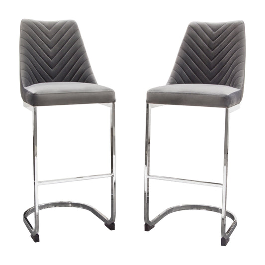 Vogue Set of (2) Bar Height Chairs in Velvet with Polished Silver Metal Base by Diamond Sofa