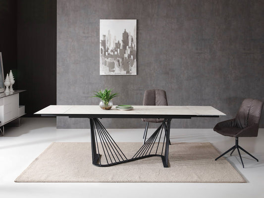 Whiteline Roma Extendable Dining table, 8 mm glass + 3 mm White Ceramic Top, Black powder quoted metal base DT1633E-WHT