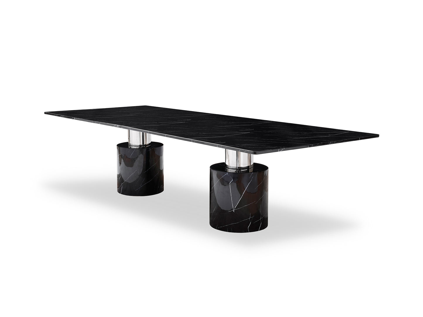 Whiteline Geneva Extra Large Dining Table, Marble Glossy Top, Include 5 mm Glass; Base: Polished Stainless Steel & Marble Glossy