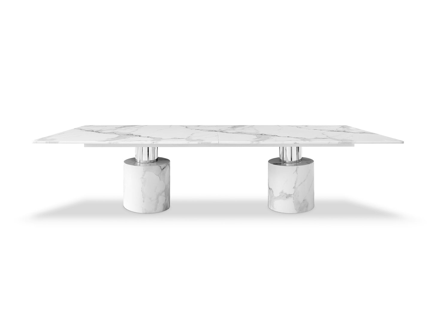 Whiteline Geneva Extra Large Dining Table, Marble Glossy Top, Include 5 mm Glass; Base: Polished Stainless Steel & Marble Glossy