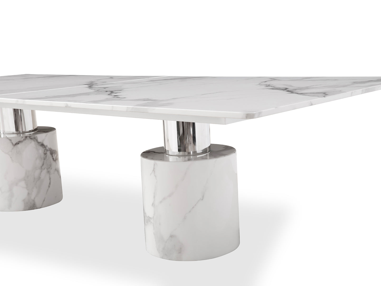 Whiteline Geneva Extra Large Dining Table, Marble Glossy Top, Include 5 mm Glass; Base: Polished Stainless Steel & Marble Glossy